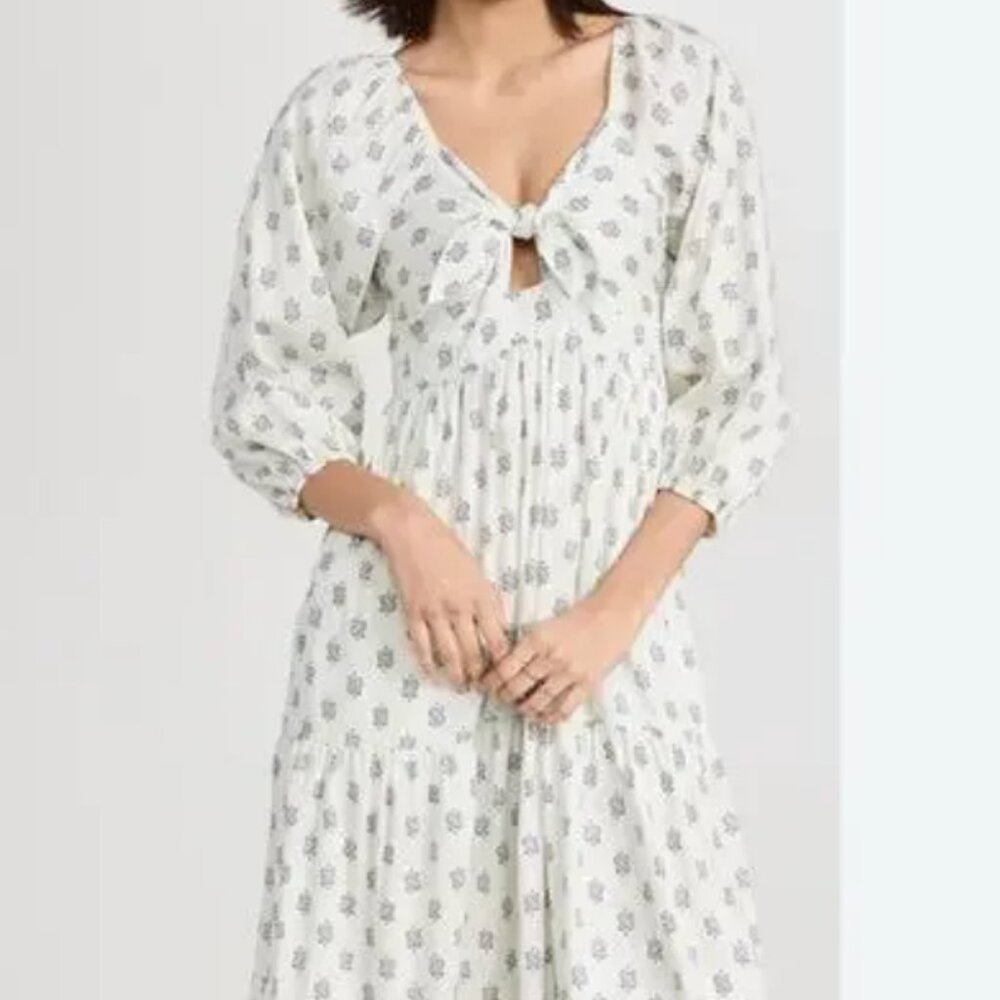 Xirena Imogen Tie Front Ivory White Navy Paisley Cotton Midi Dress  $S335